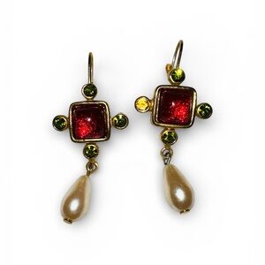 Elegant vintage SIGNED Jesara Red green yellow w/faux pearl Drop Earrings